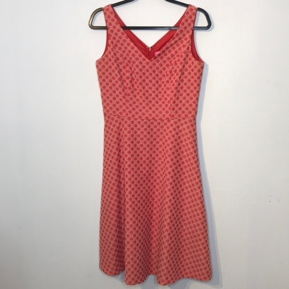 𝅺ISAAC Mizrahi double vneck jacquard polka dot coral pink flare cocktail dress - Picture 1 of 13